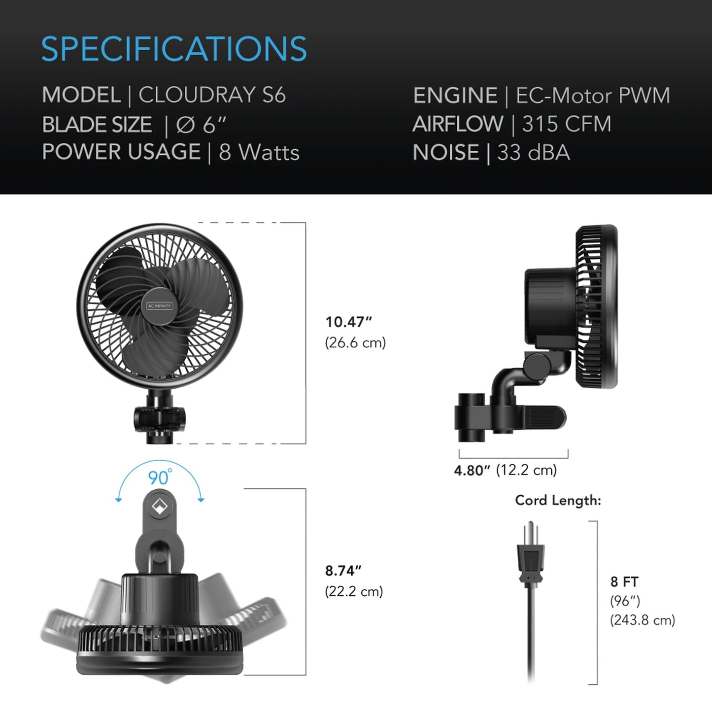 Cloudray S6 Grow Tent Circulator Clip Fan 6” Auto Oscillation