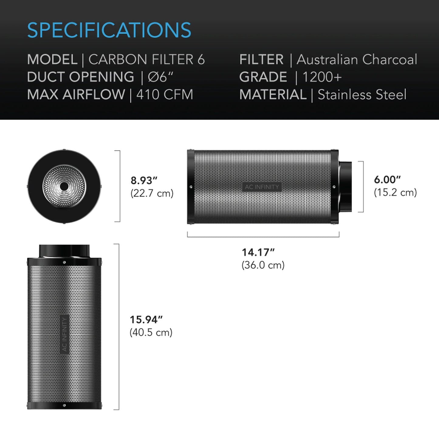 AC Infinity Duct Carbon Filter, Australian Charcoal, 6 Inch